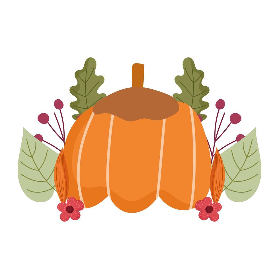 feliz día de acción de gracias, calabaza flores hoja rama naturaleza otoño celebración vector