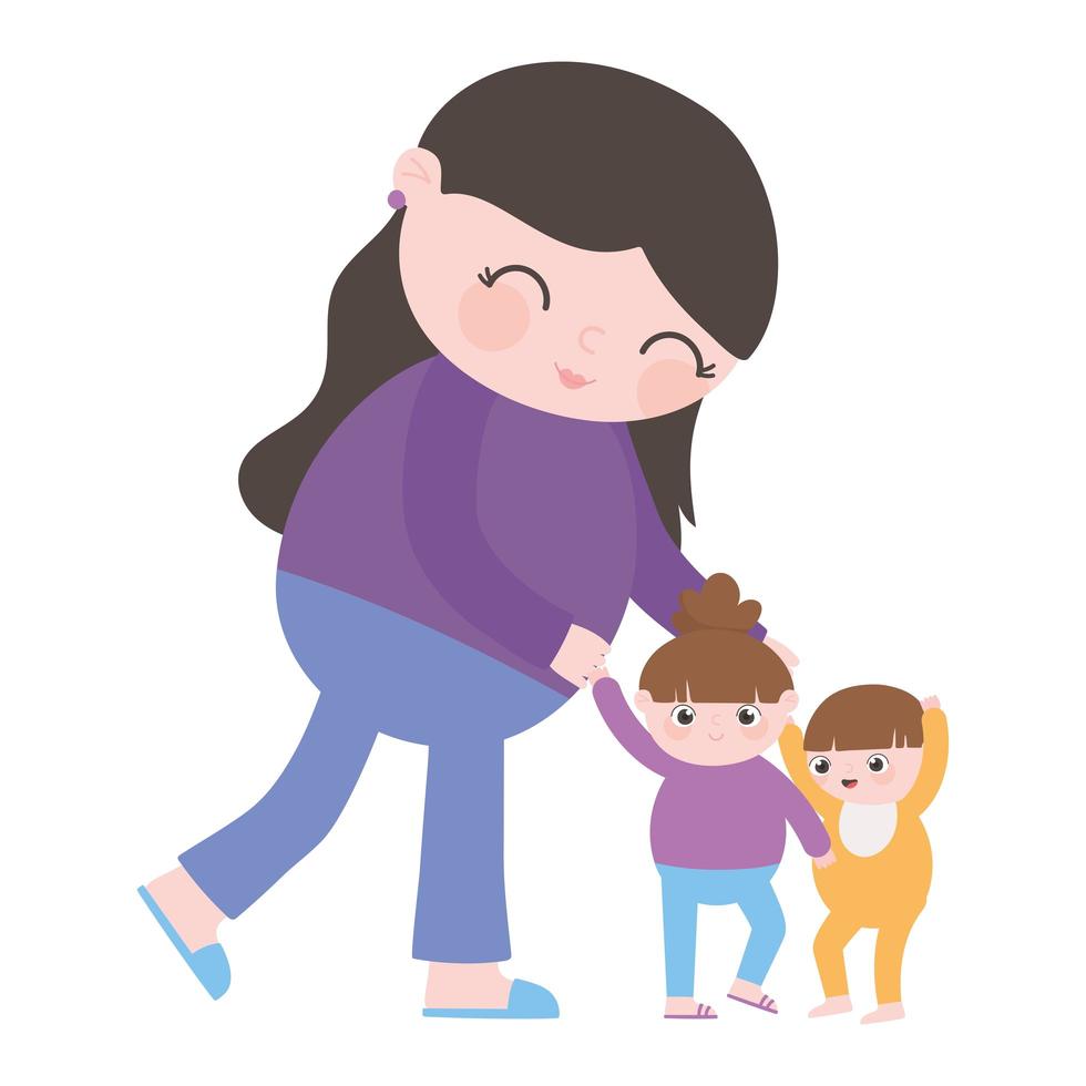 embarazo y maternidad, linda madre con su pequeña hija e hijo de dibujos animados vector