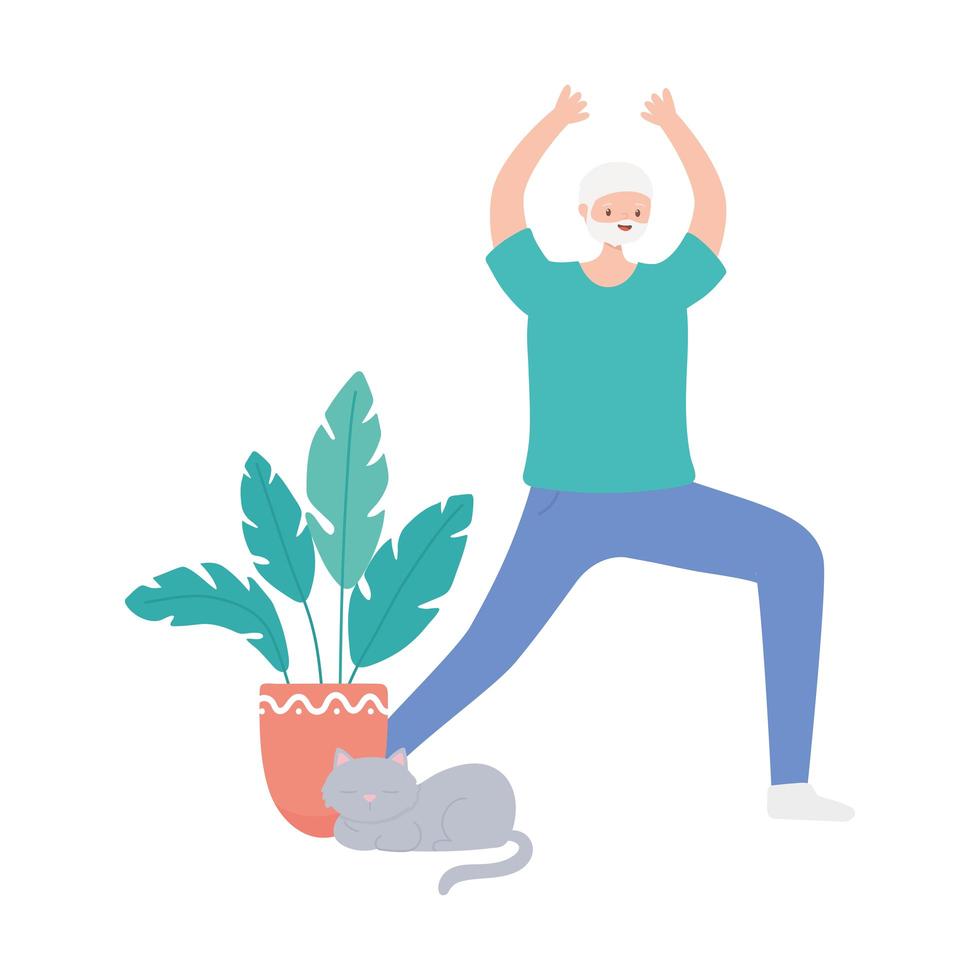 Actividad personas mayores, abuelo con gato practicando yoga vector