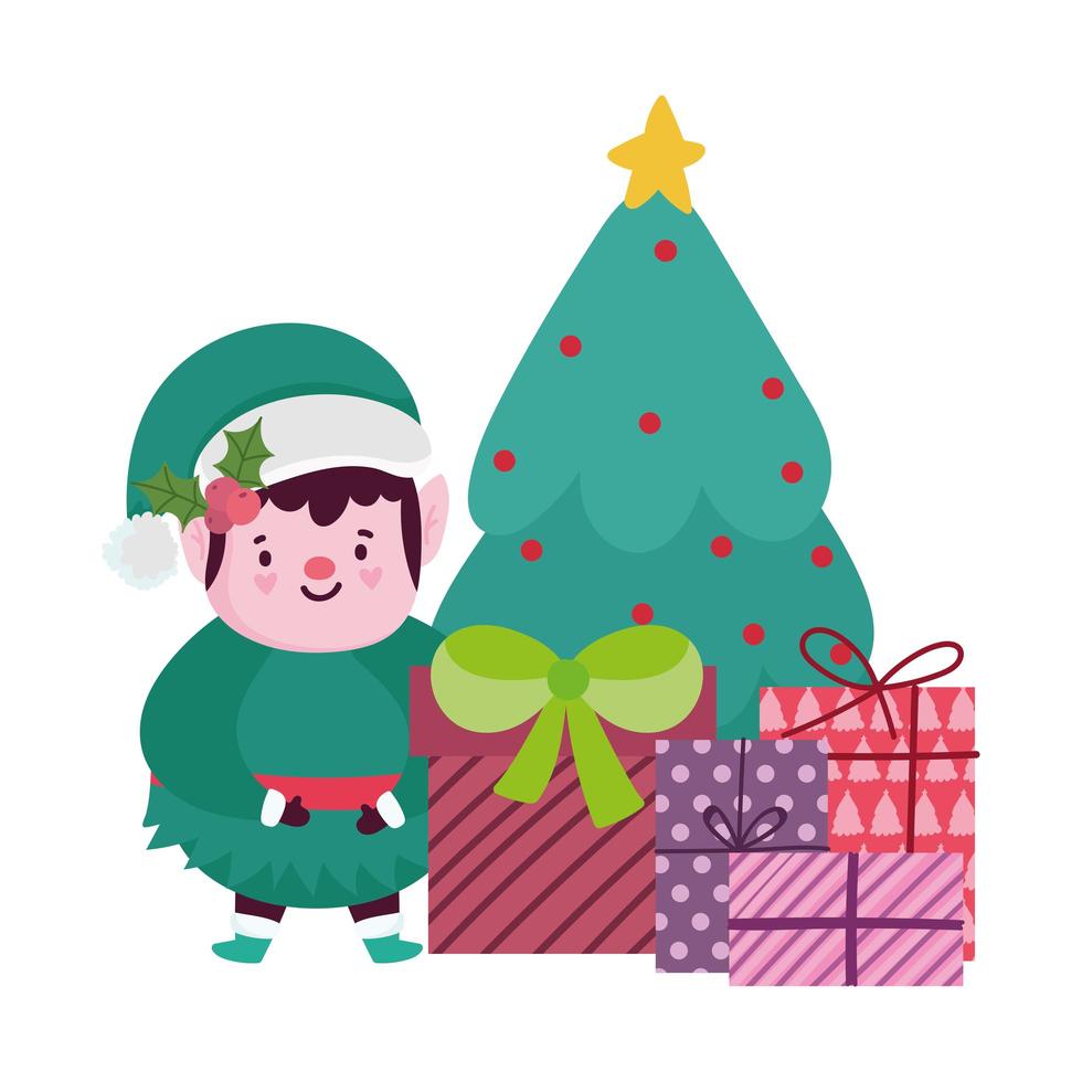 Feliz Navidad, árbol de ayuda de dibujos animados y cajas de regalo, diseño aislado vector