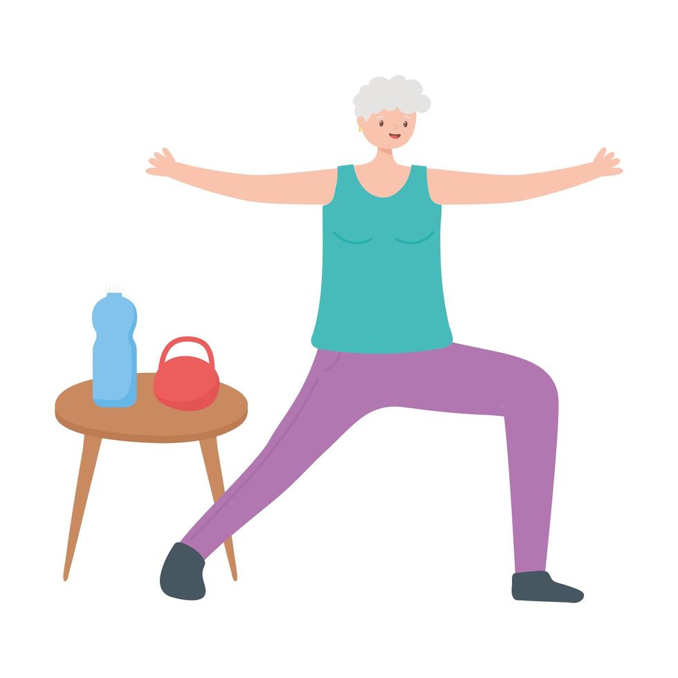 activity seniors, elderly woman with sportswear water bottle and weight vector