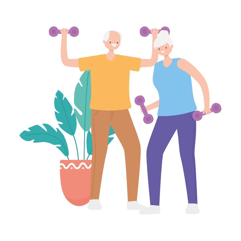 activity seniors, old man and woman lifting weight sport vector