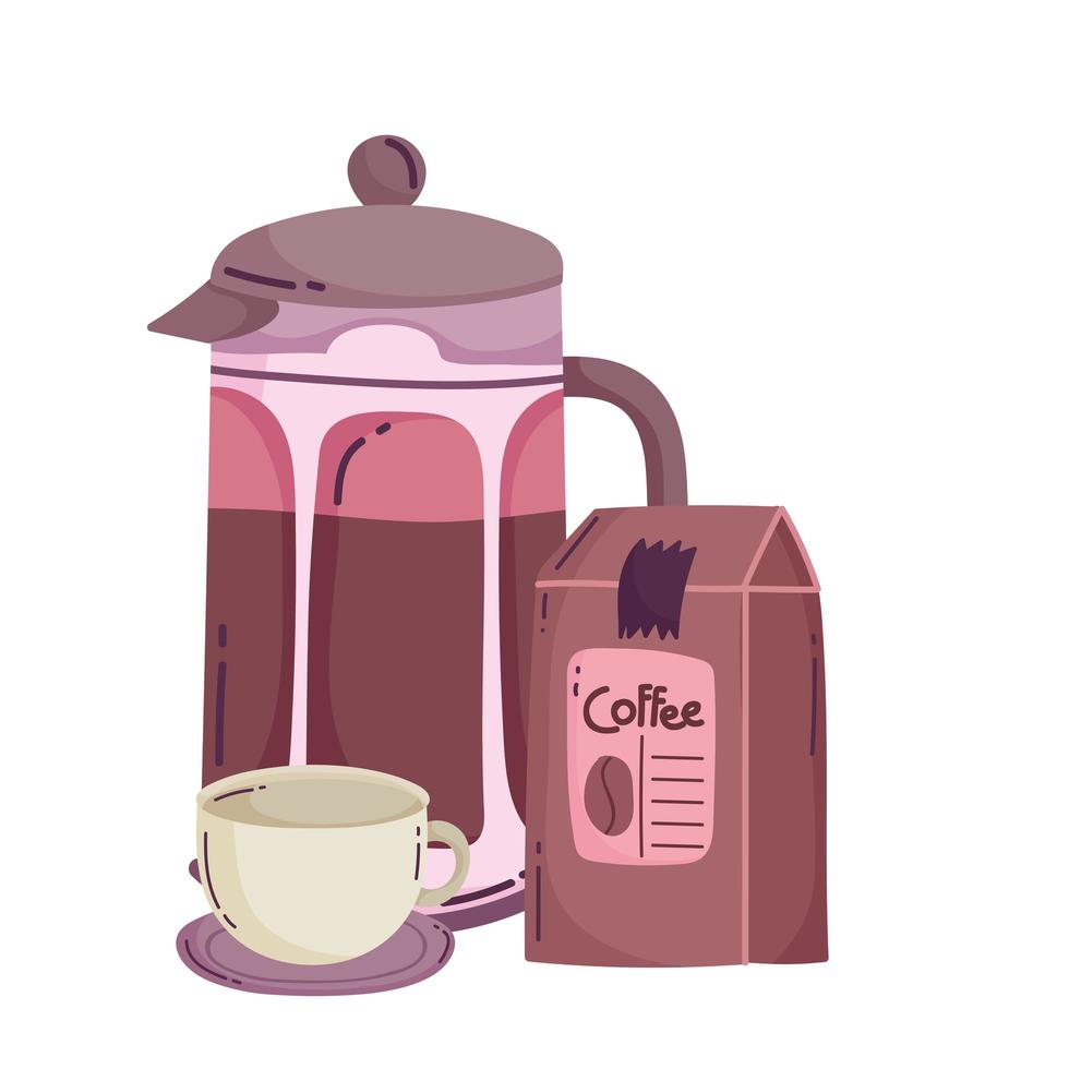 coffee brewing methods, package french press and cup vector