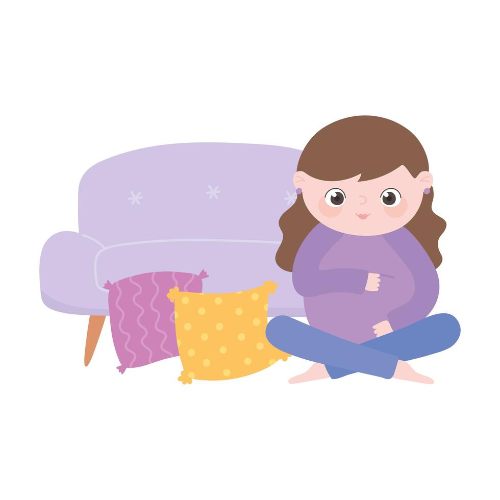 pregnancy and maternity, cute pregnant woman sitting in the floor with sofa and cushions vector