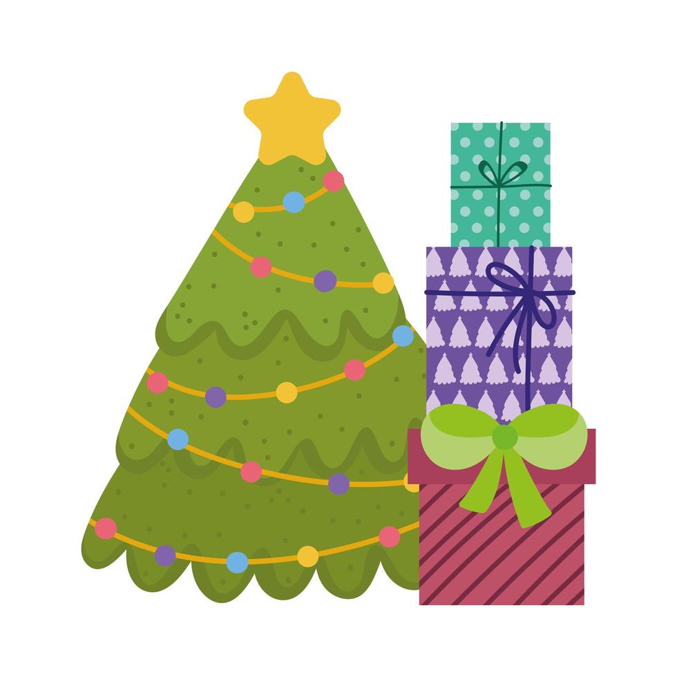 Feliz Navidad, árbol con luces de estrellas y dibujos animados de cajas de regalo, diseño aislado vector