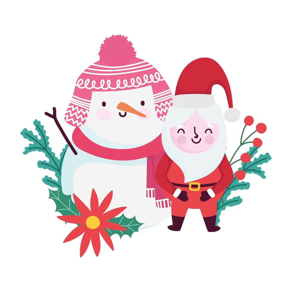 merry christmas, cute santa and snowman flower holly berry, isolated design vector