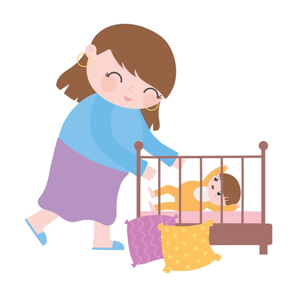 pregnancy and maternity, mother with baby on crib in the room vector