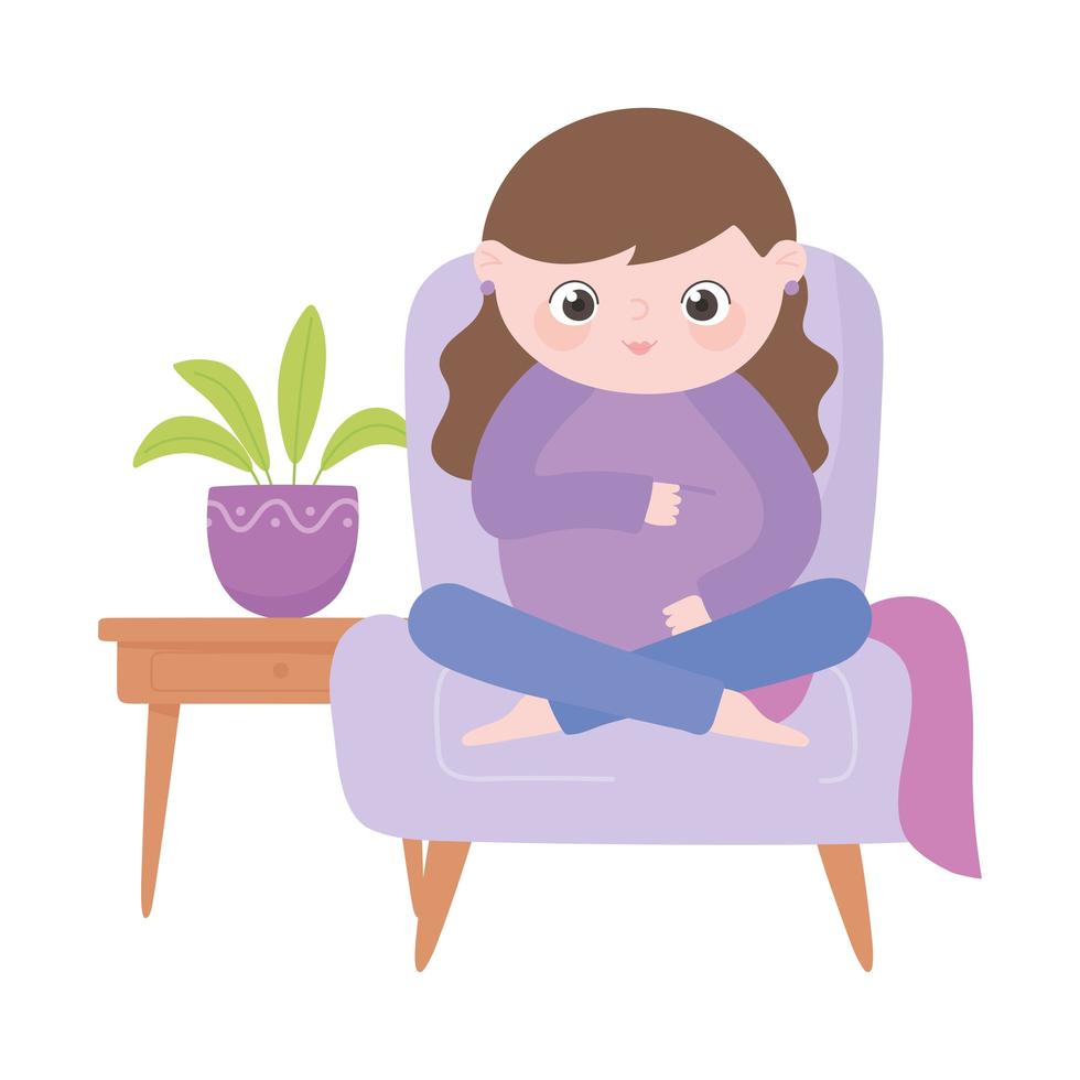 pregnancy and maternity, cute pregnant woman sitting on chair cartoon vector