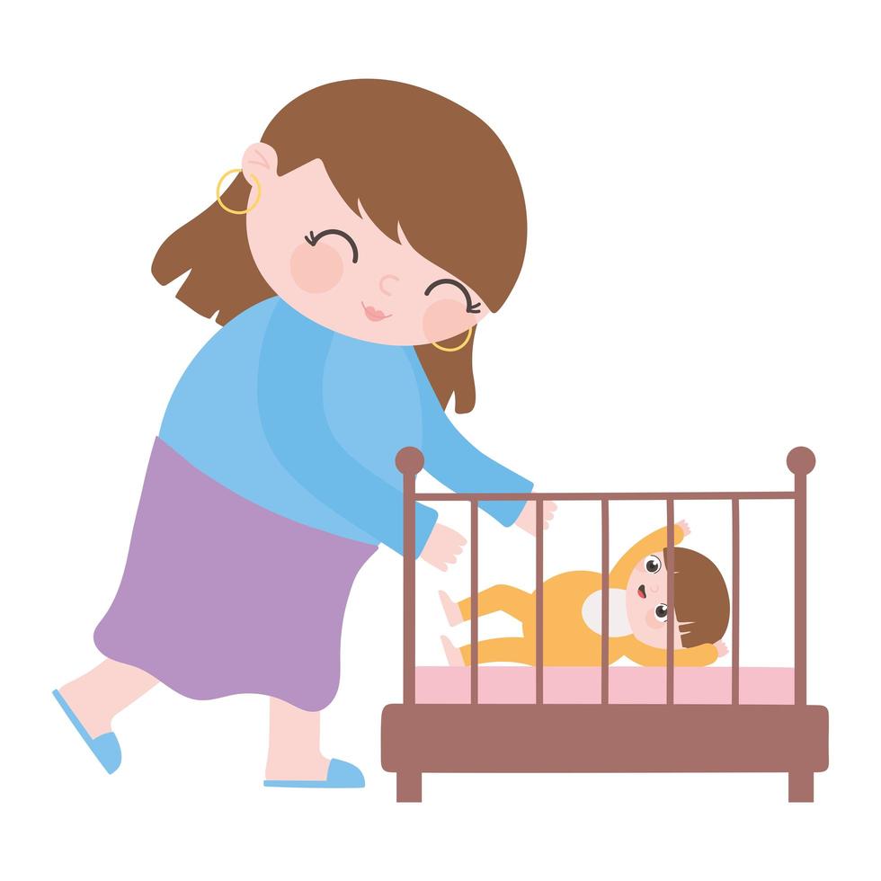 pregnancy and maternity, cute mom with her a baby in crib cartoon vector