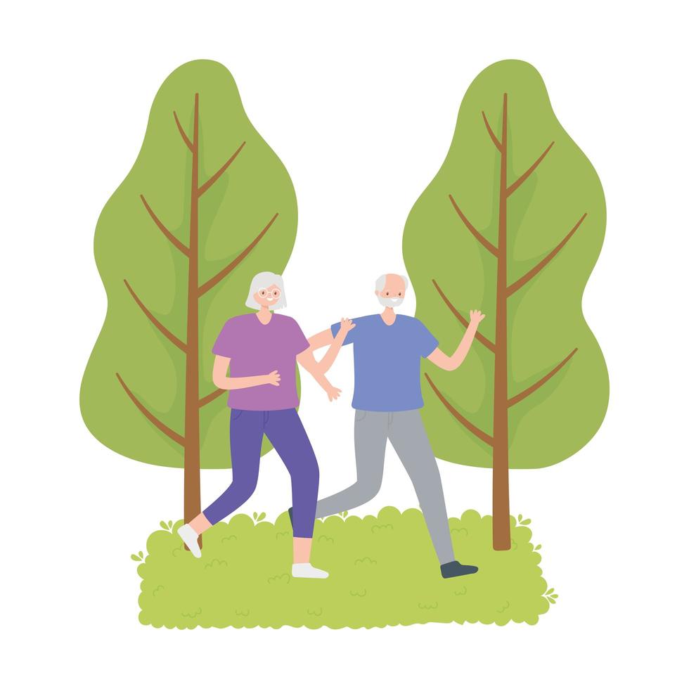 activity seniors, old couple running sport in the park vector