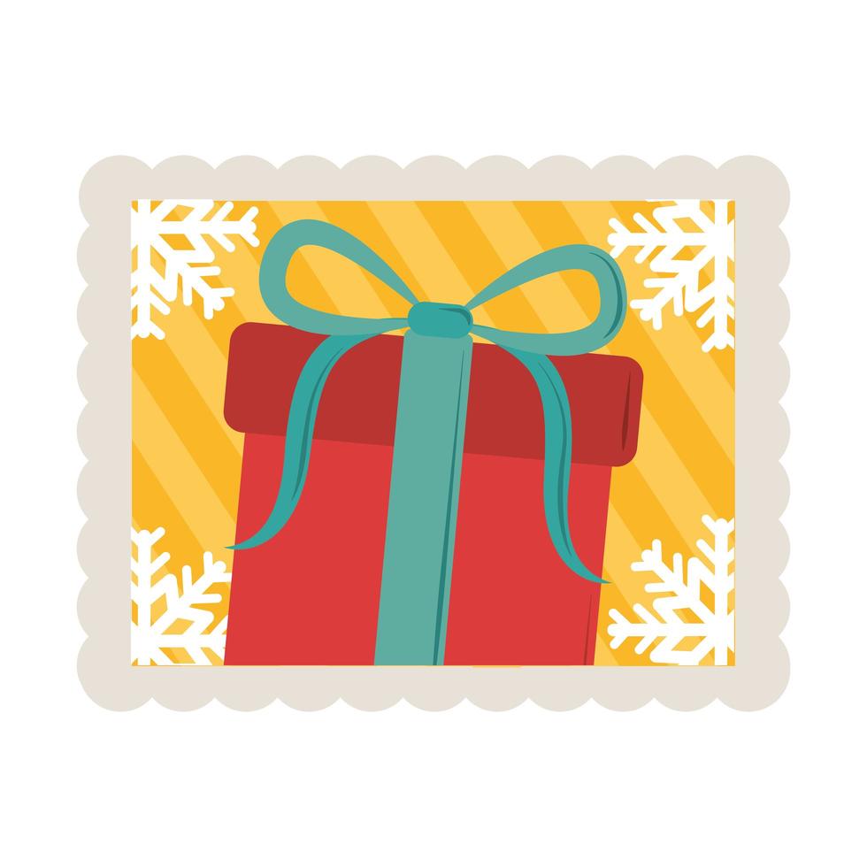 merry christmas gift with snwoflakes corners decoration stamp icon vector