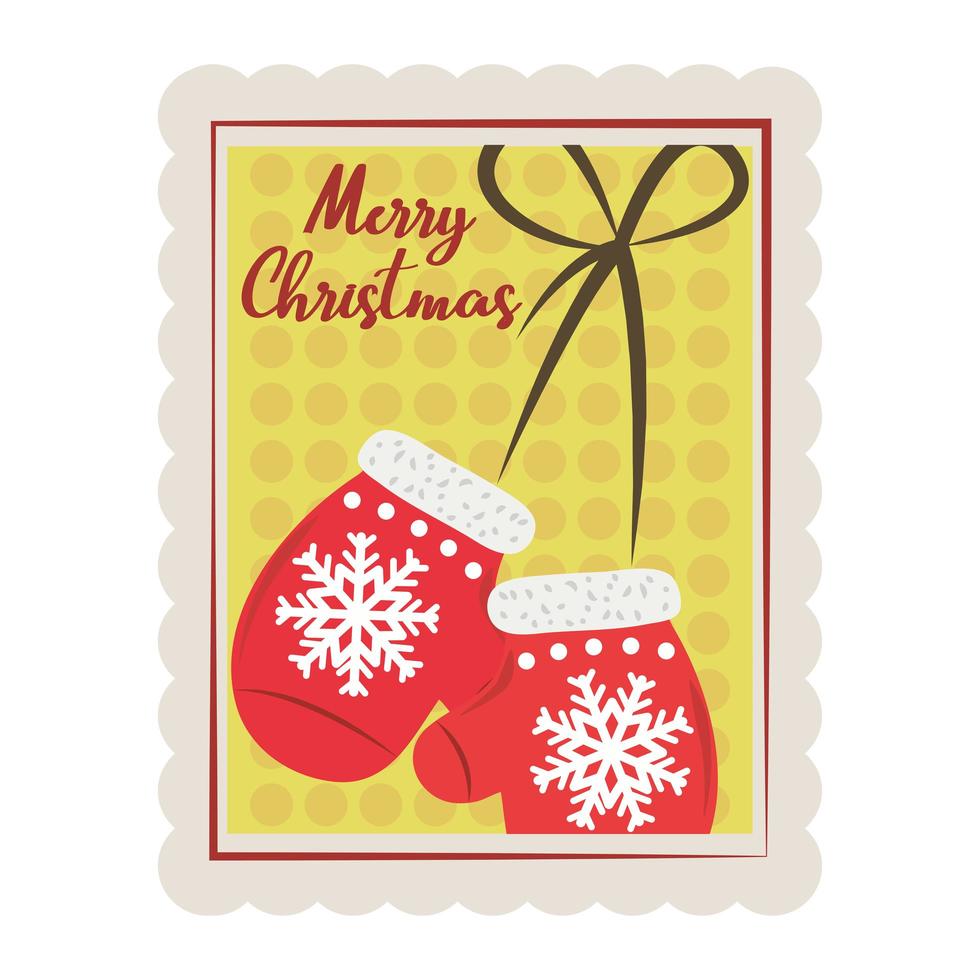 merry christmas hanging mittens with bow decoration stamp icon vector