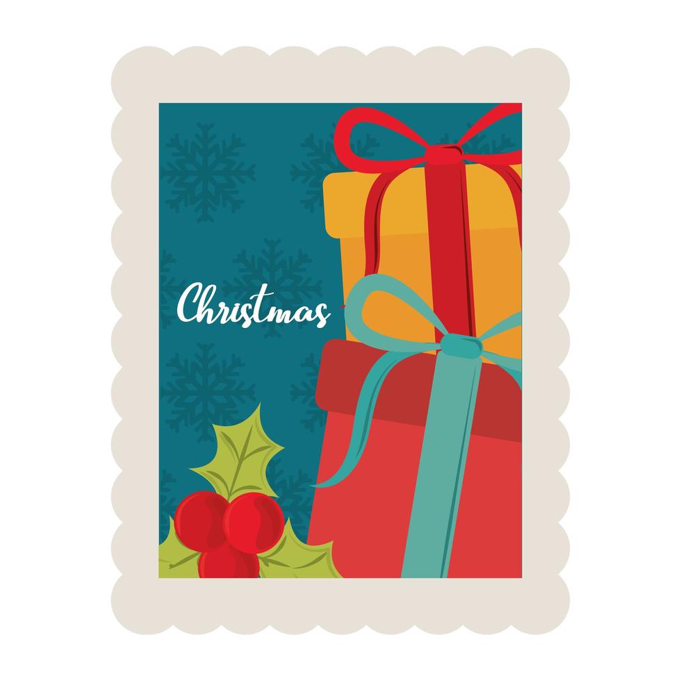 merry christmas gift boxes and holly berry decoration stamp icon vector