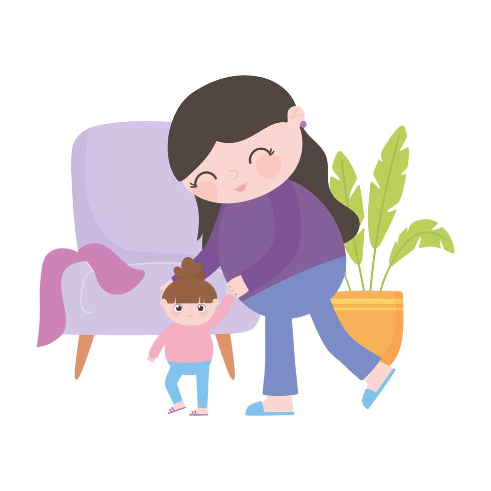 pregnancy and maternity, mom playing with her little daughter in the room vector