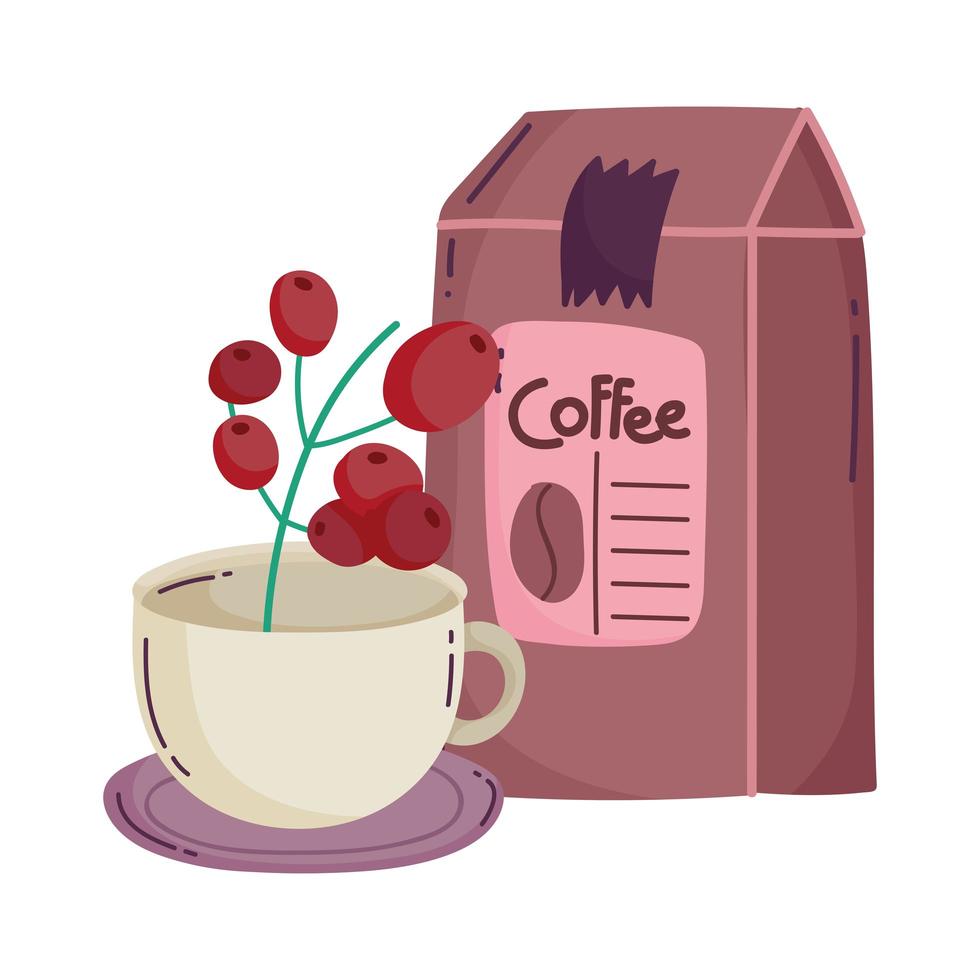 métodos de preparación de café, producto de paquete y taza con semillas vector
