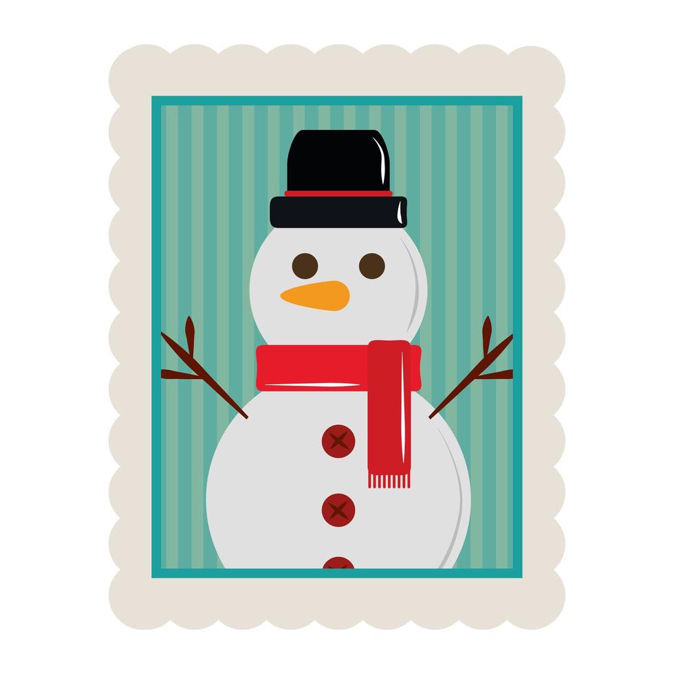 merry christmas snowman with hat character decoration stamp icon vector