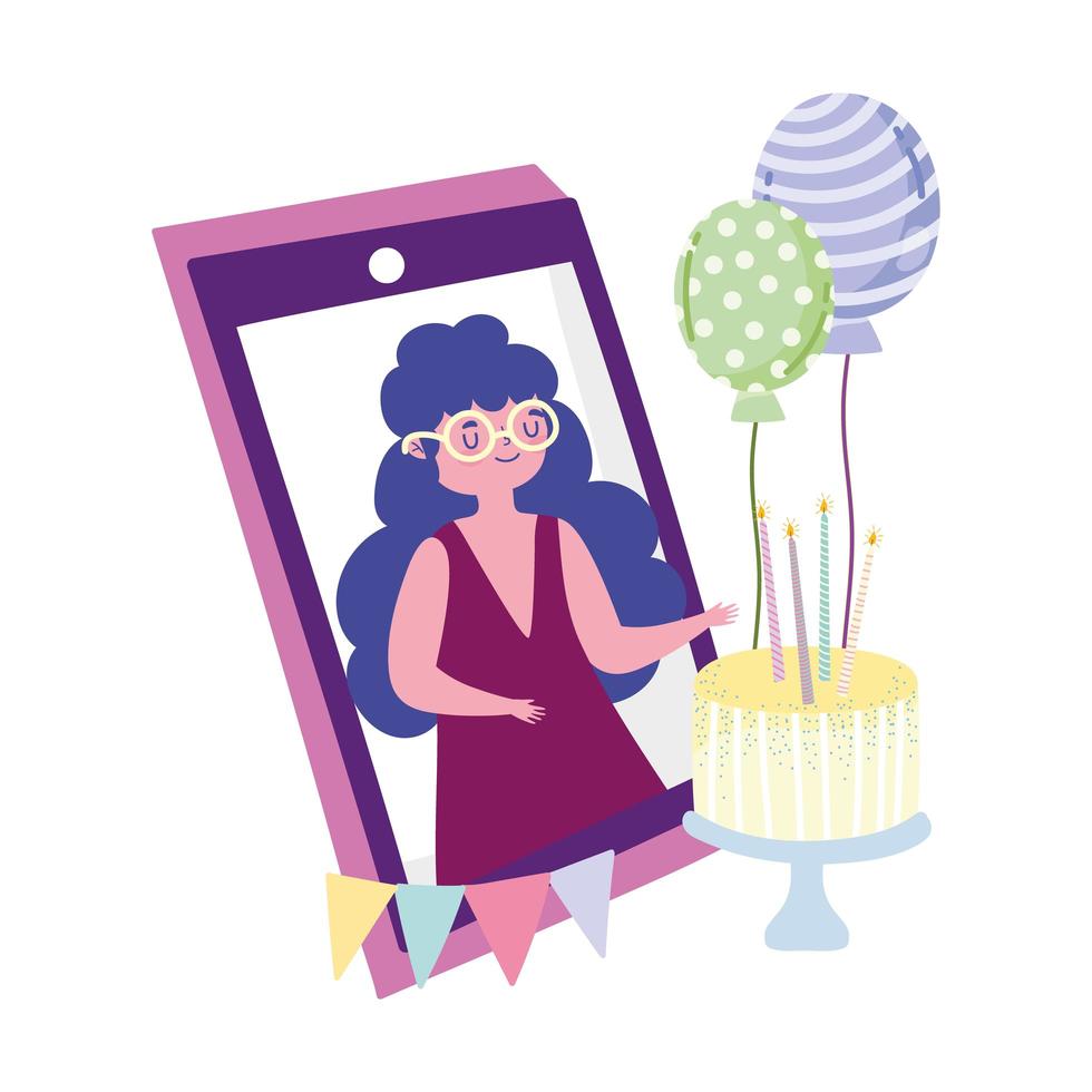 online party, girl in video mobile cake and balloons decoration meeting celebration vector