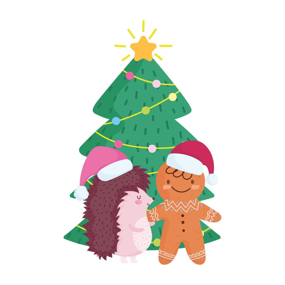 merry christmas, hedgehog and gingerbread man with tree celebration icon isolation vector