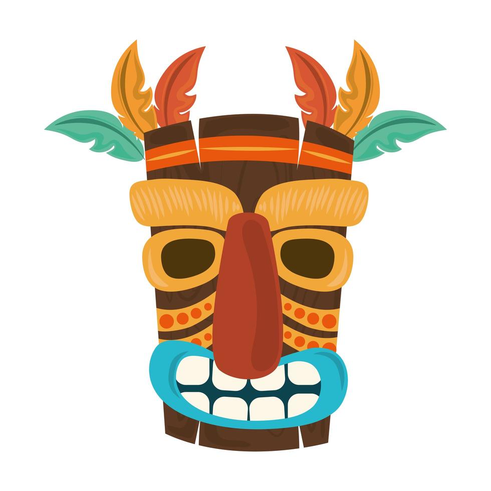 tiki tribal wooden mask feather decoration isolated on white background vector