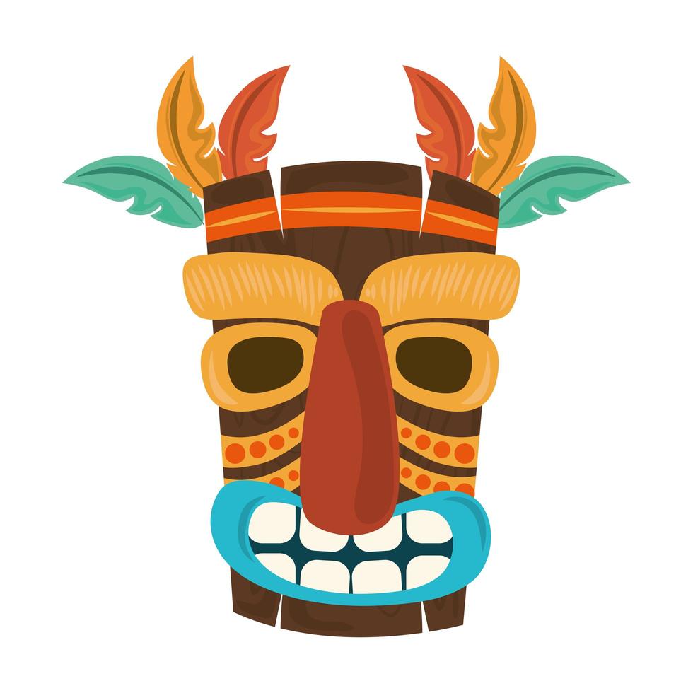 Máscara de madera tribal tiki decoración de plumas aislado sobre fondo blanco. vector