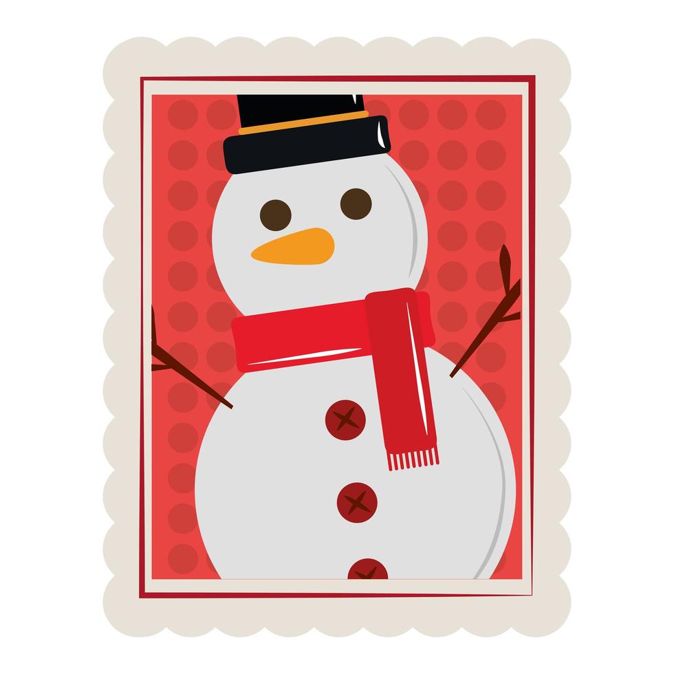 Feliz navidad muñeco de nieve de dibujos animados con icono de sello de decoración de bufanda vector