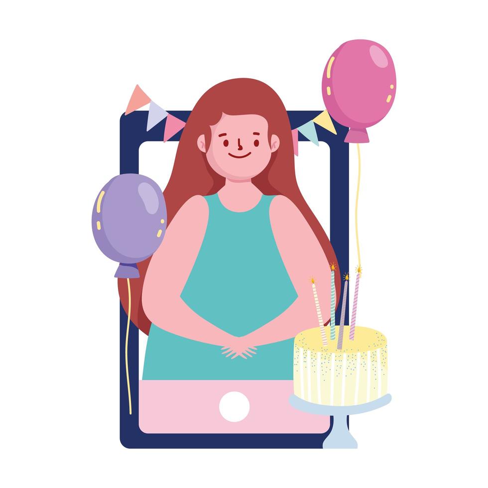 fiesta online, chica en video con celebración de globos de pastel vector