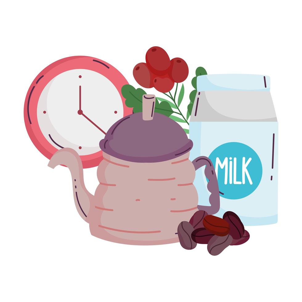 coffee brewing methods, kettle milk box and clock with beans vector