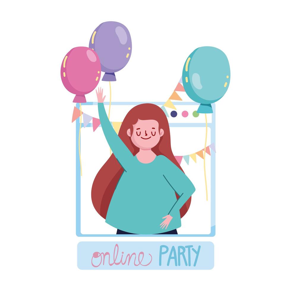 online party, smiling girl with balloons in website meeting celebration vector