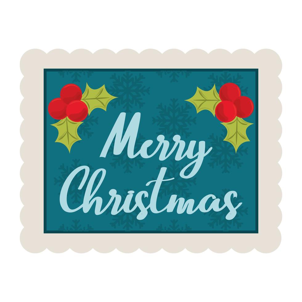 merry christmas calligraphy holly berry and snowflakes background decoration stamp icon vector