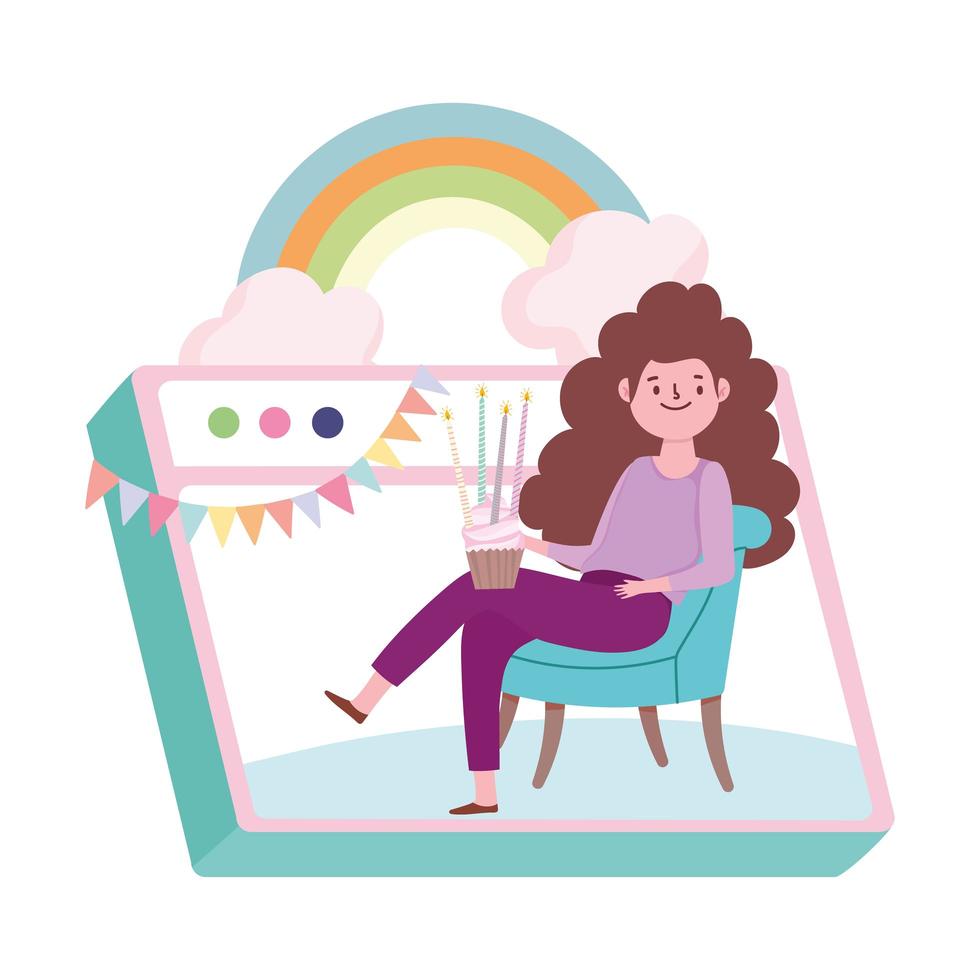 online party, happy girl sitting with cupcake in website celebration vector