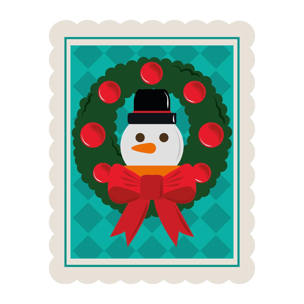 merry christmas wreath snowman with balls decoration stamp icon vector