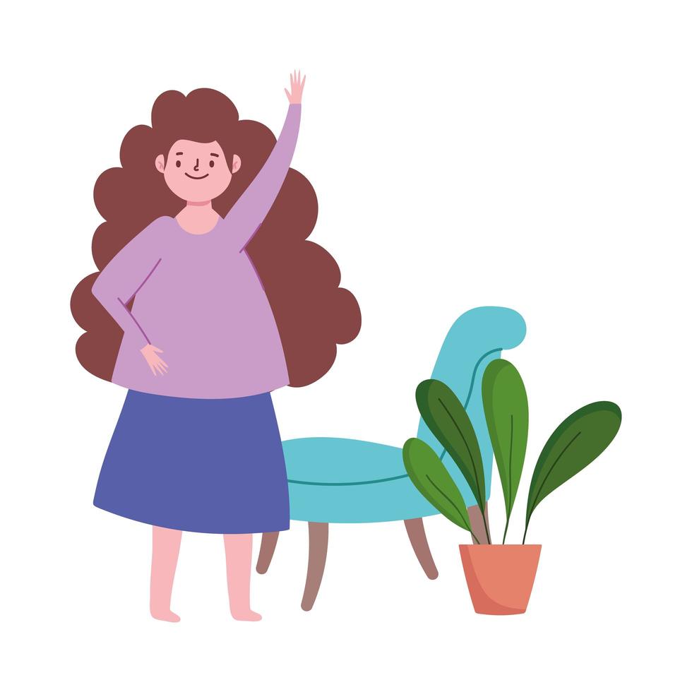 mujer feliz, en, habitación, con, plantas, caricatura, aislado, fondo blanco vector