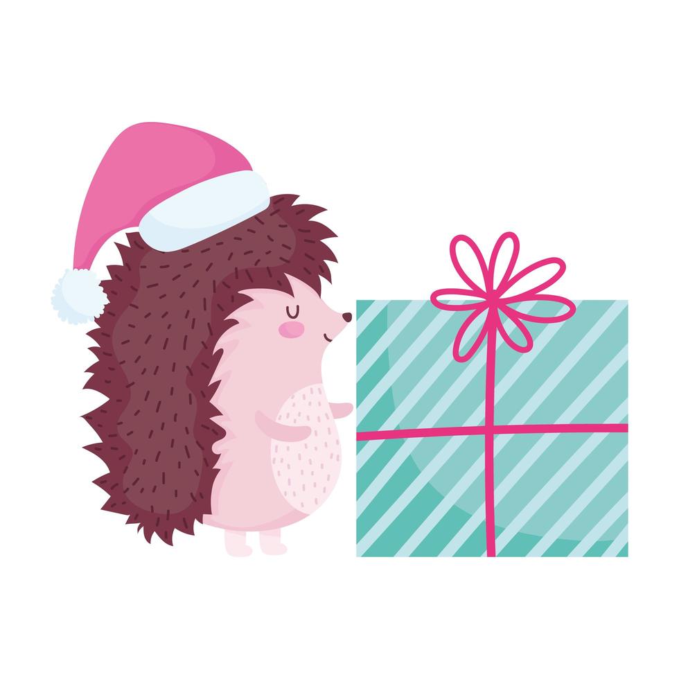 merry christmas, cute hedgehog with hat and gift cartoon celebration icon isolation vector