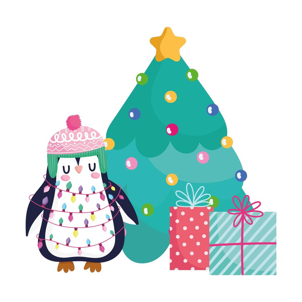 Feliz Navidad, pingüino con árbol y regalos celebración icono aislamiento vector