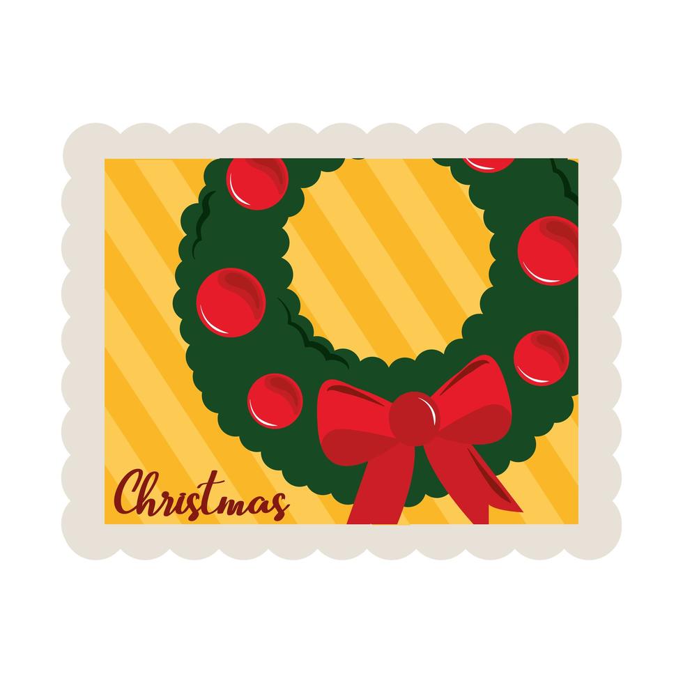 merry christmas wreath with balls and bow decoration stamp icon vector