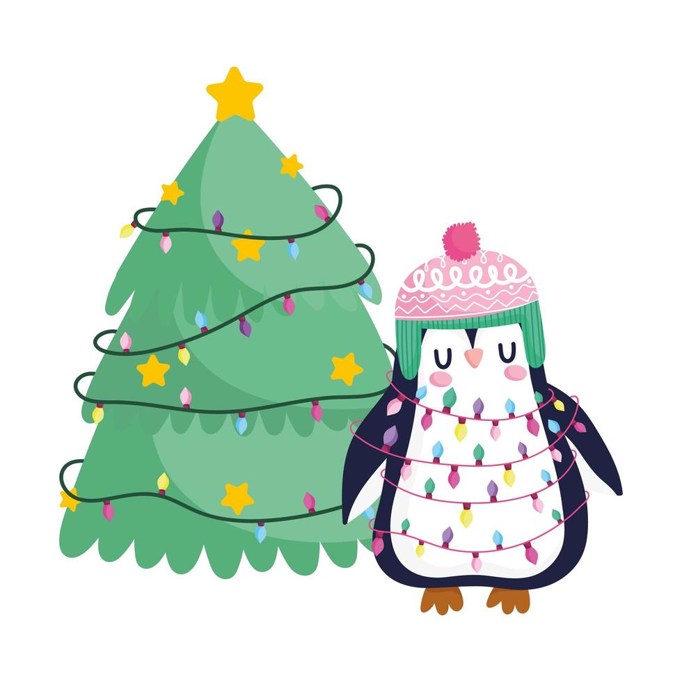 merry christmas, penguin with tangled lights and tree celebration icon isolation vector