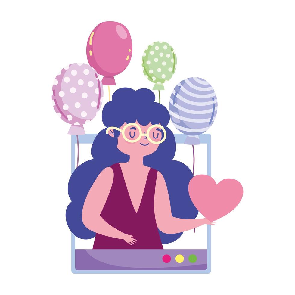 online party, girl with balloons website video meeting celebration vector