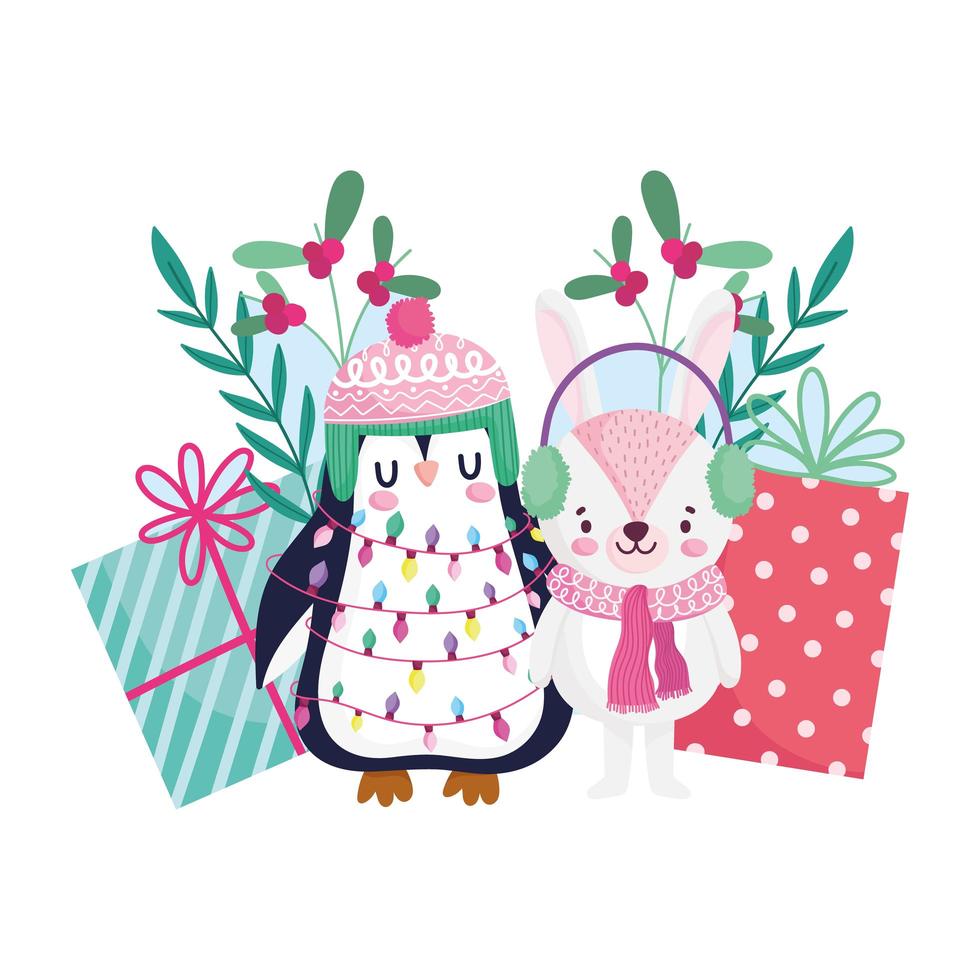 feliz navidad, pingüino y conejo con luces y regalos celebración icono aislamiento vector