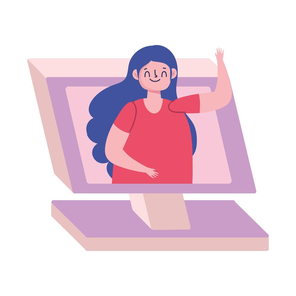 girl waving hand in computer video cartoon vector