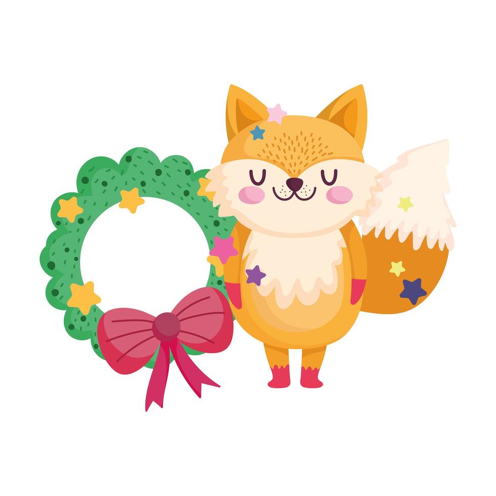merry christmas, cute fox with wreath decoration cartoon celebration icon isolation vector