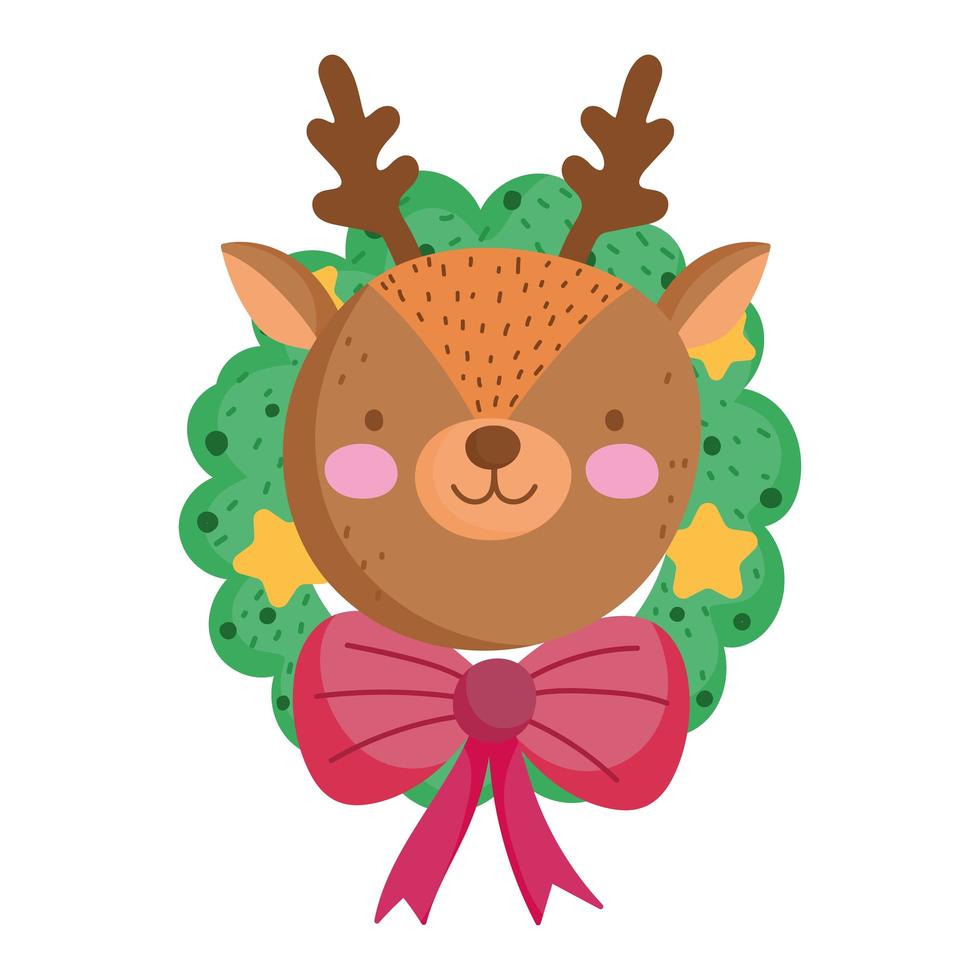 merry christmas, reindeer face in wreath decoration icon isolation vector