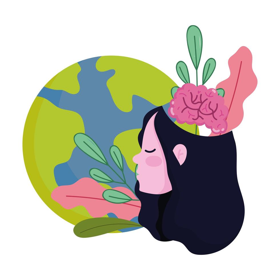world mental health day, girl with planet brain leaves in head cartoon vector