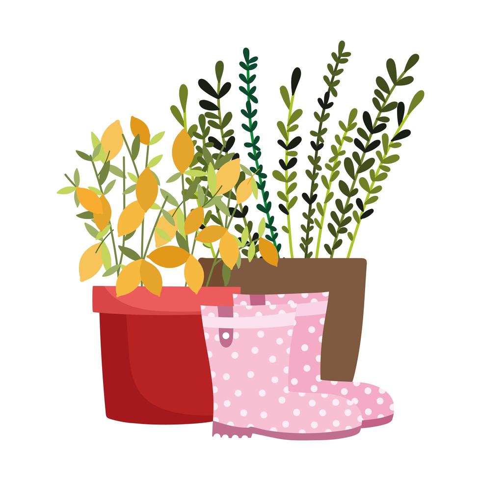 jardín feliz, plantas en macetas deja botas estilo de icono aislado vector