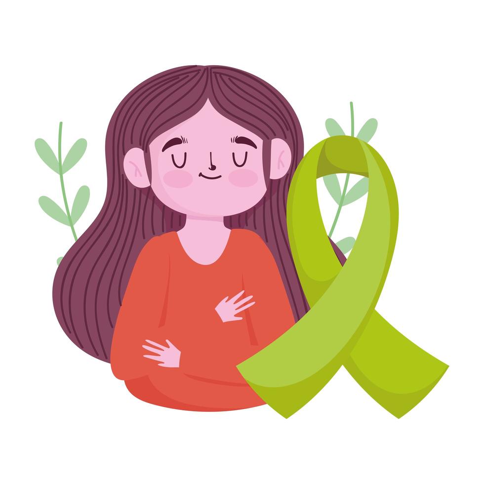 world mental health day, girl green ribbon awareness medical vector