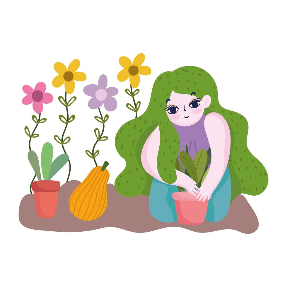 happy garden, girl with green hairstyle floral planting plants in pot flowers fruit vector