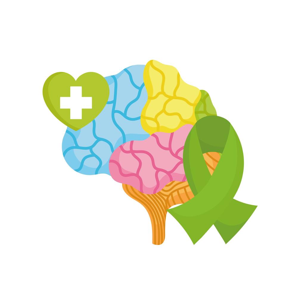 world mental health day, brain green ribbon heart medical campaign vector