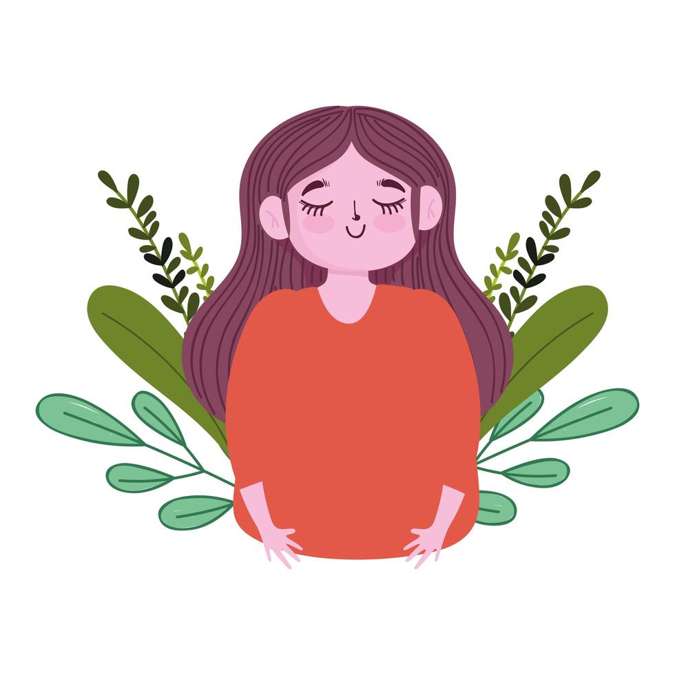 cartoon girl portrait with leaves fliage nature isolated design vector