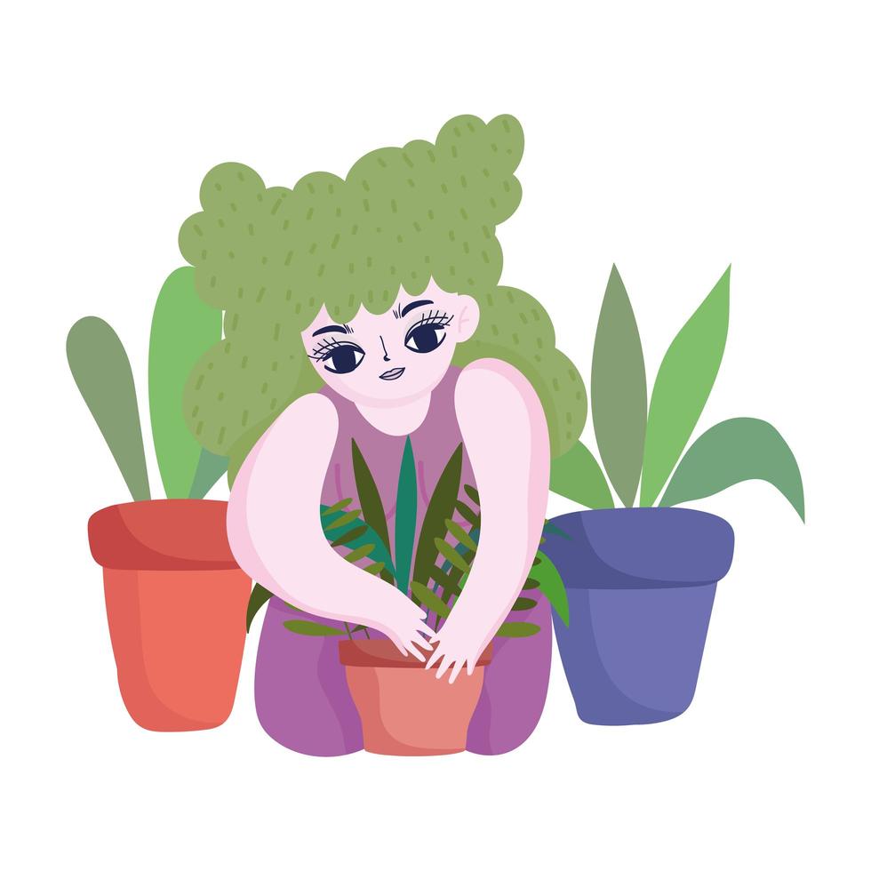 happy garden, girl with curly green hair, planting plants in pot vector