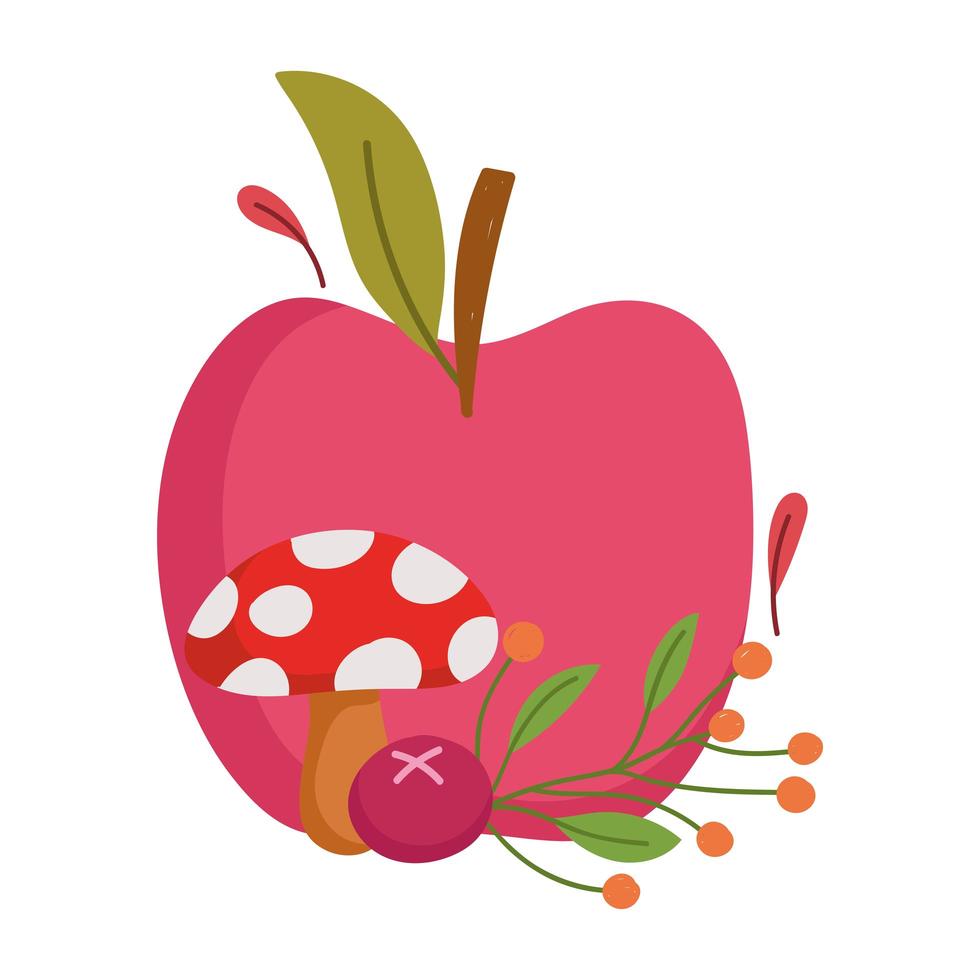 happy thanksgiving day, apple mushroom berry leaves nature celebration vector