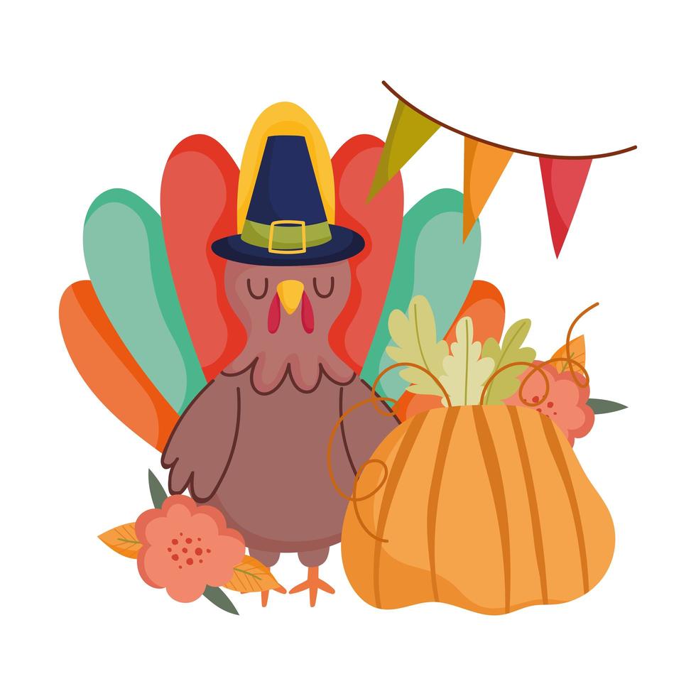 happy thanksgiving day, turkey with pilgrim hat pumpkin flower pennants celebration vector